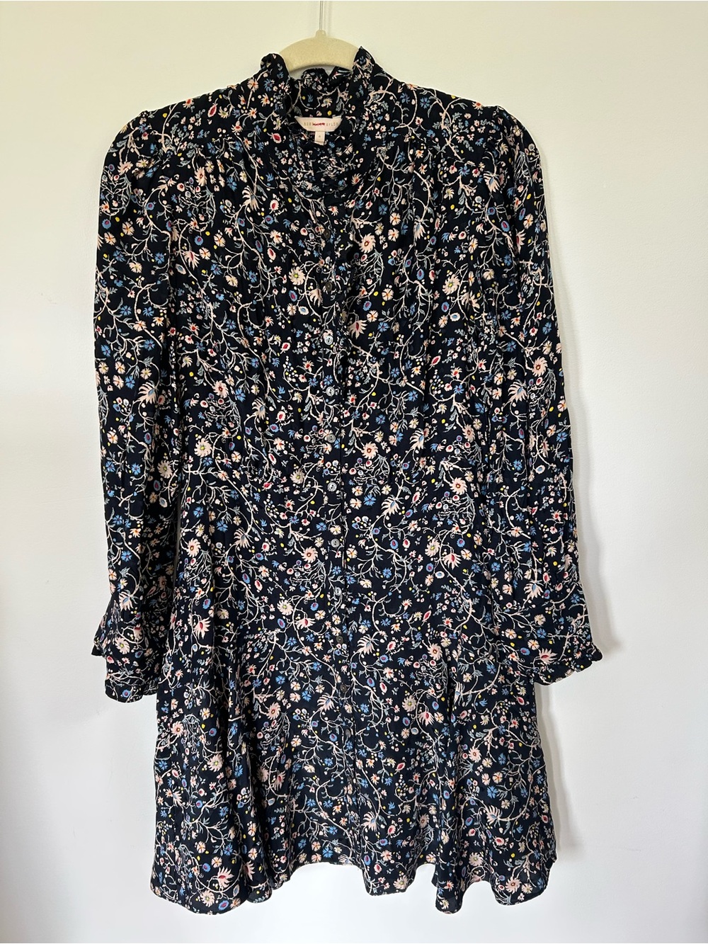 Rebecca Taylor 100% Silk Floral Long Sleeve Ruffle Dress Navy Size 6